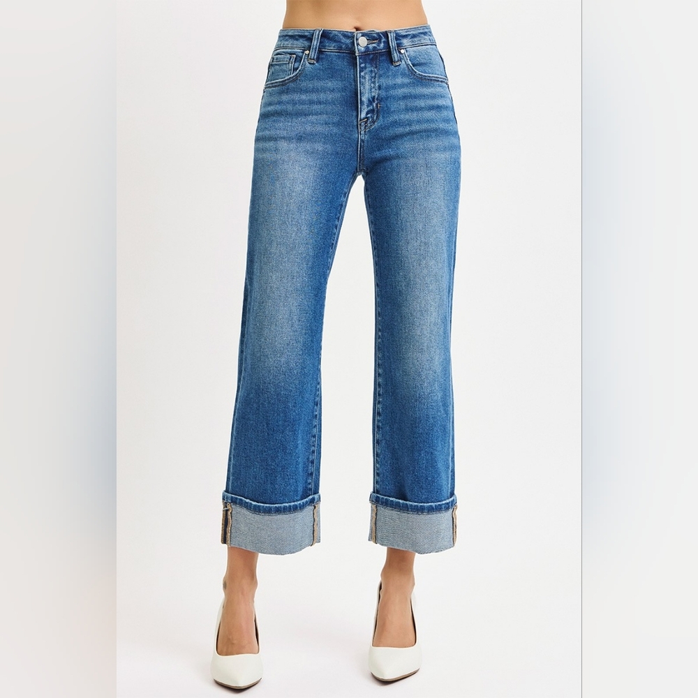 RISEN Mid-Rise Boyfriend Fit Jeans Ankle Cuffed Straight Leg Cropped Denim Pant